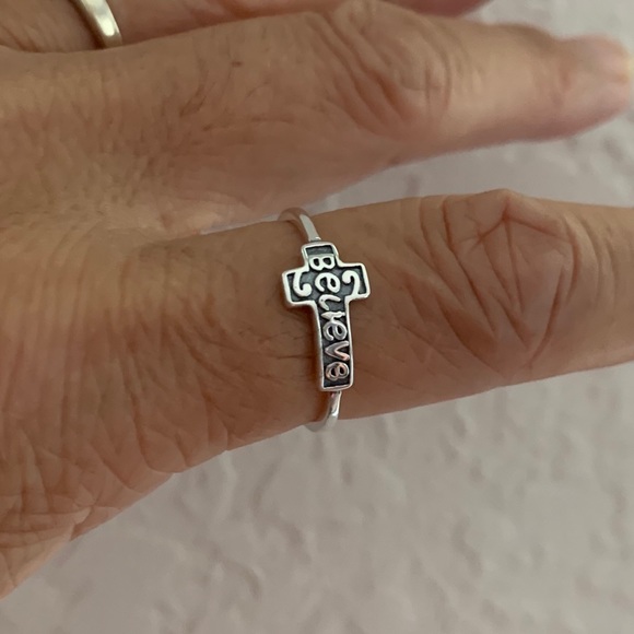 Sterling Silver Believe Sideway Cross Ring, Religious Jewelry, Silver Rings - Picture 8 of 8